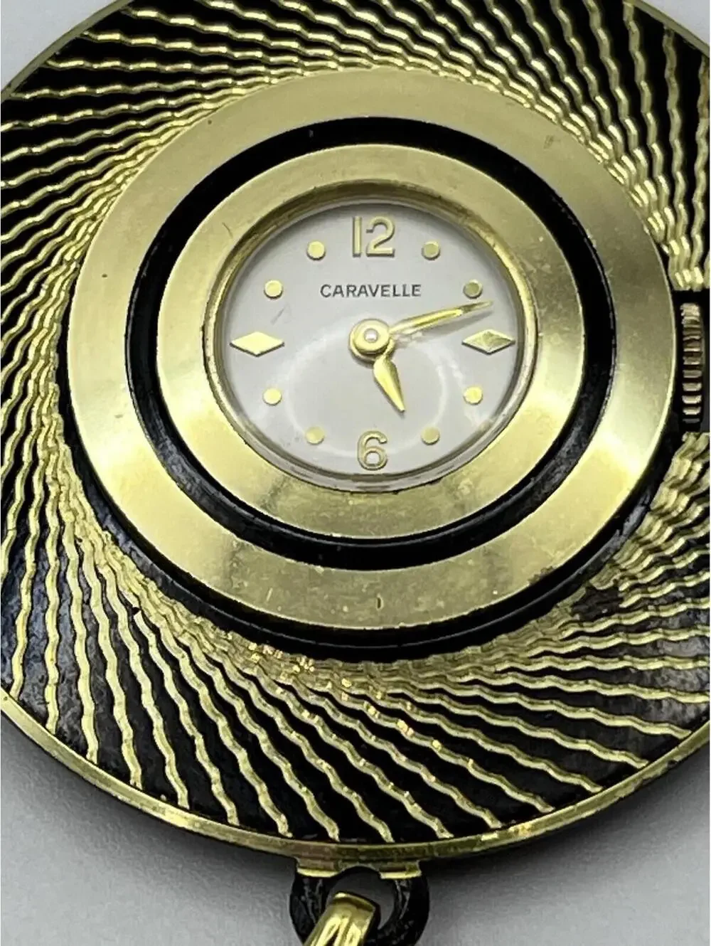 Vintage Caravelle 7 Jewel Skeleton Ball Pendant Black + Gold Watch NOT WORKING